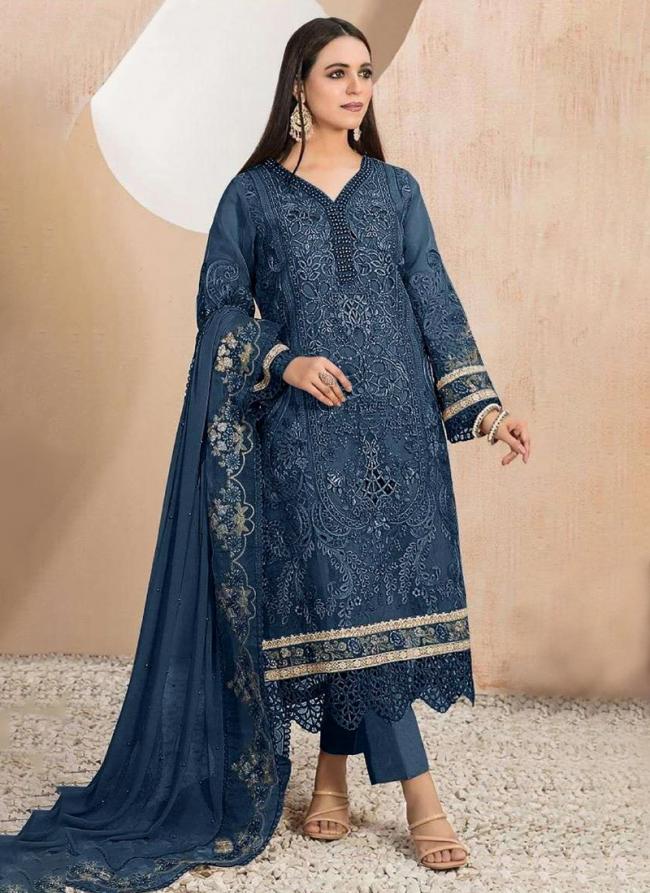 Organza Blue Eid Wear Embroidery Work Pakistani Suit